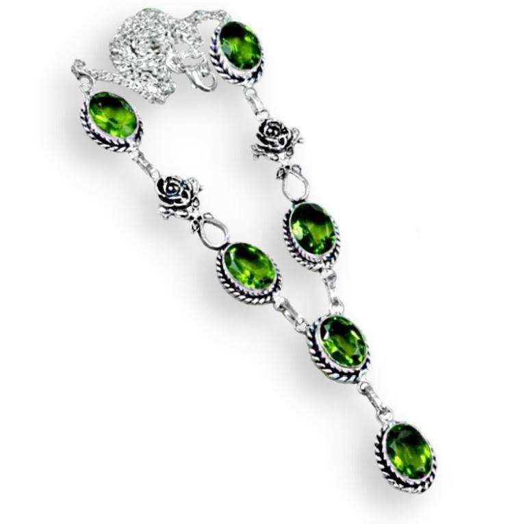 Peridot Ovals with Rose Charm set in .925 Sterling Silver Plated Handmade Necklace