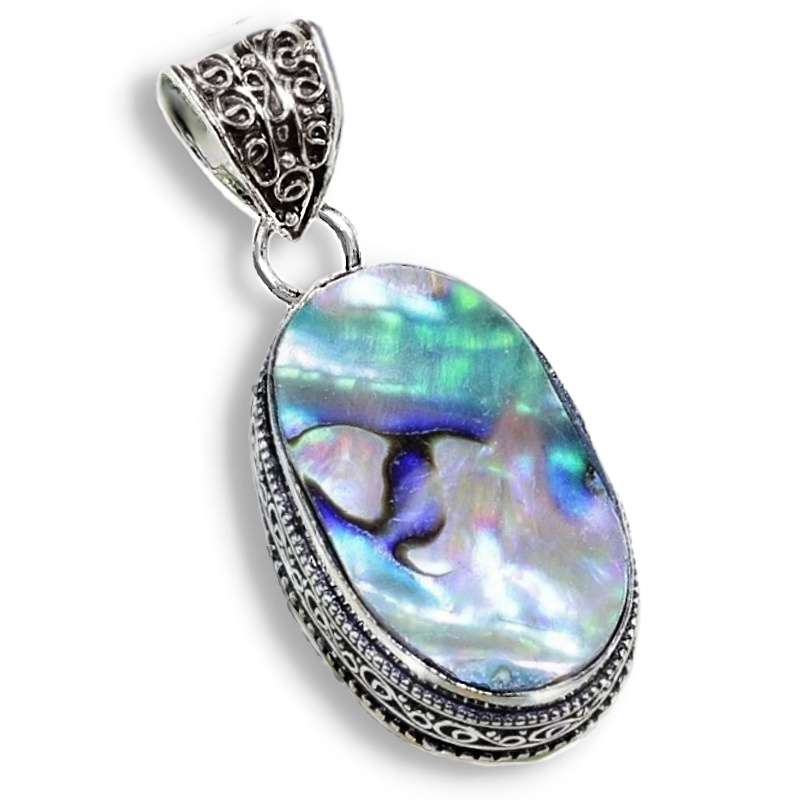Natural New Zealand Abalone Paua Shell in Antique Style 925 Sterling Silver Plated Handmade Pendant