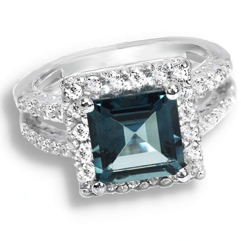 Natural London Blue Topaz & White CZ in Solid .925 Sterling Silver 14K White Gold Ring Size 5.5 / L