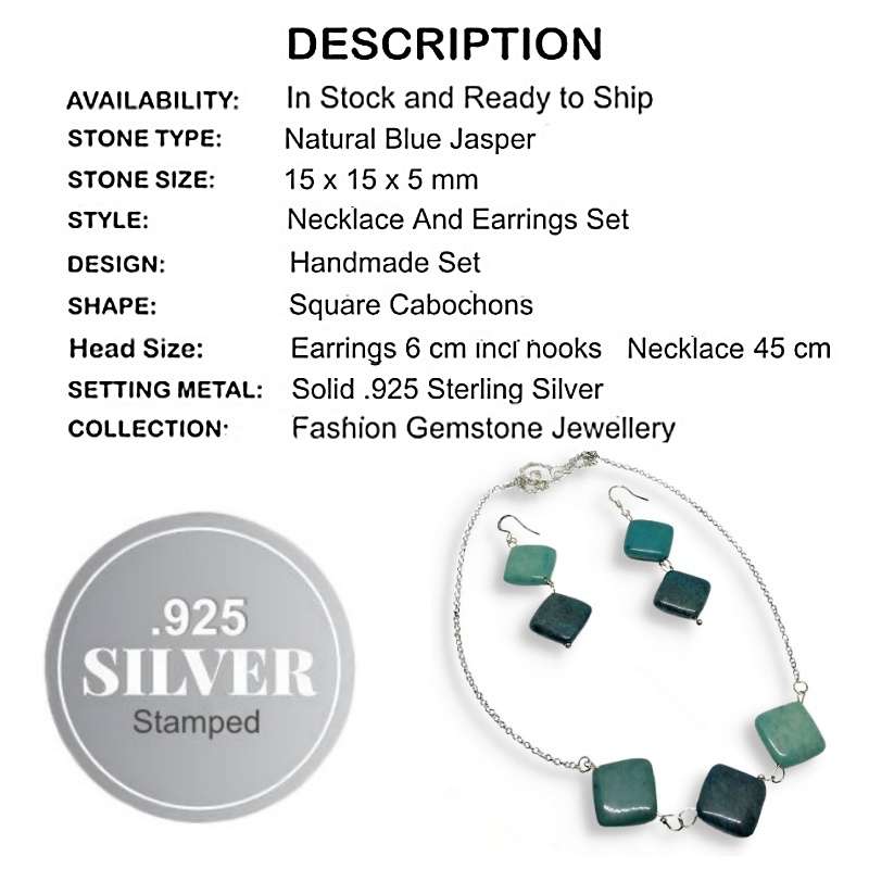 Handmade Natural Blue Jasper Squares in .925 Silver Necklace & Earrings Set