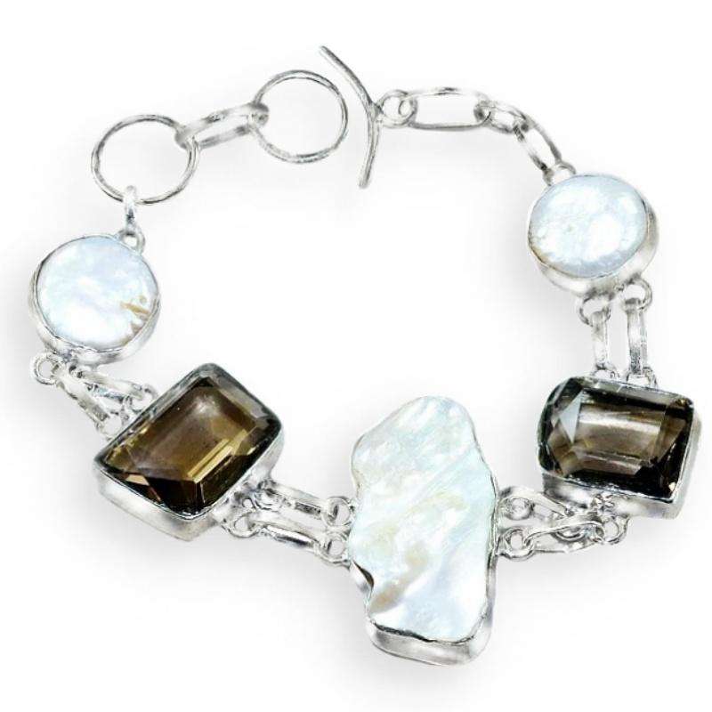 Smoky Topaz and Biwa Pearl Gemstones set in .925 Sterling Silver Plated Handmade Bracelet