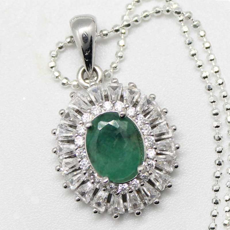 Breathtaking AAA Natural Zambian Emerald, White CZ Solid .925 Sterling Silver Pendant