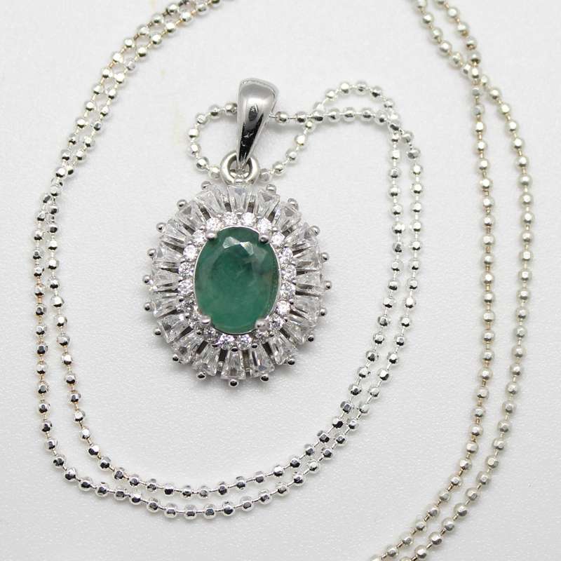 Breathtaking AAA Natural Zambian Emerald, White CZ Solid .925 Sterling Silver Pendant