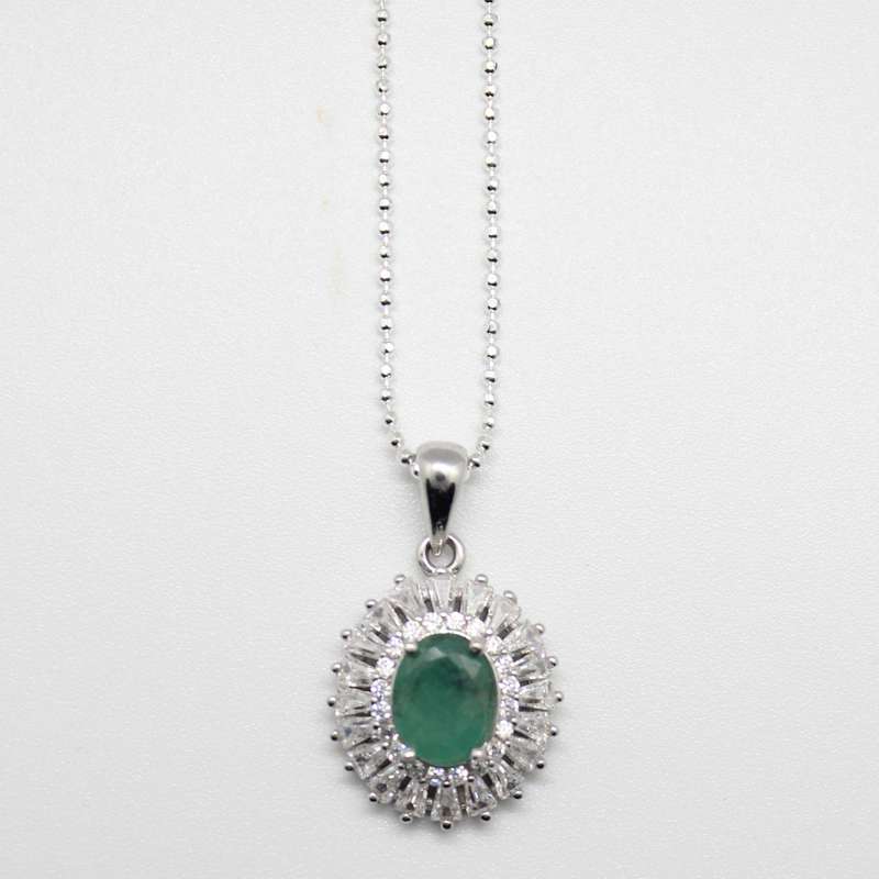 Breathtaking AAA Natural Zambian Emerald, White CZ Solid .925 Sterling Silver Pendant