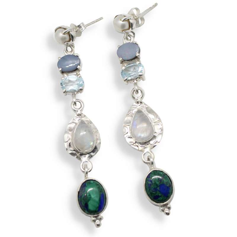 Natural Chrysocolla, Malachite, Moonstone, Azurite Gemstone Solid. 925 Sterling Silver Earrings