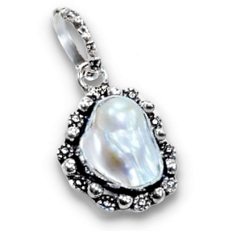 Dainty Handmade Natural Biwa Pearl Gemstone . 925 Sterling Silver Plated Antique Style Pendant