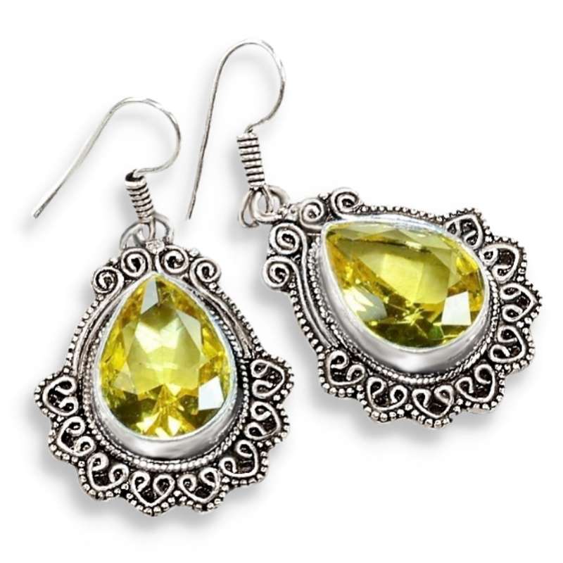 Faceted Citrine Pear Shape Gemstone set in .925 Sterling Silver Plated antique Style Earrings