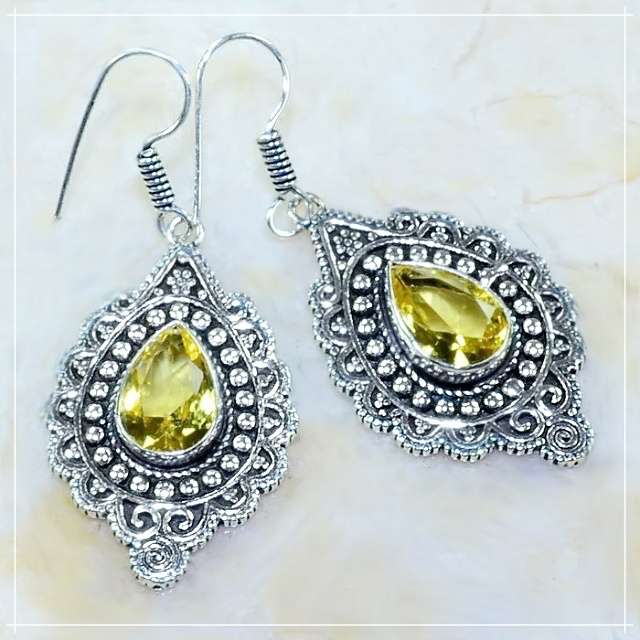 Antique Style Citrine Pear Gemstone set in .925 Sterling Silver Plated Handmade Earrings