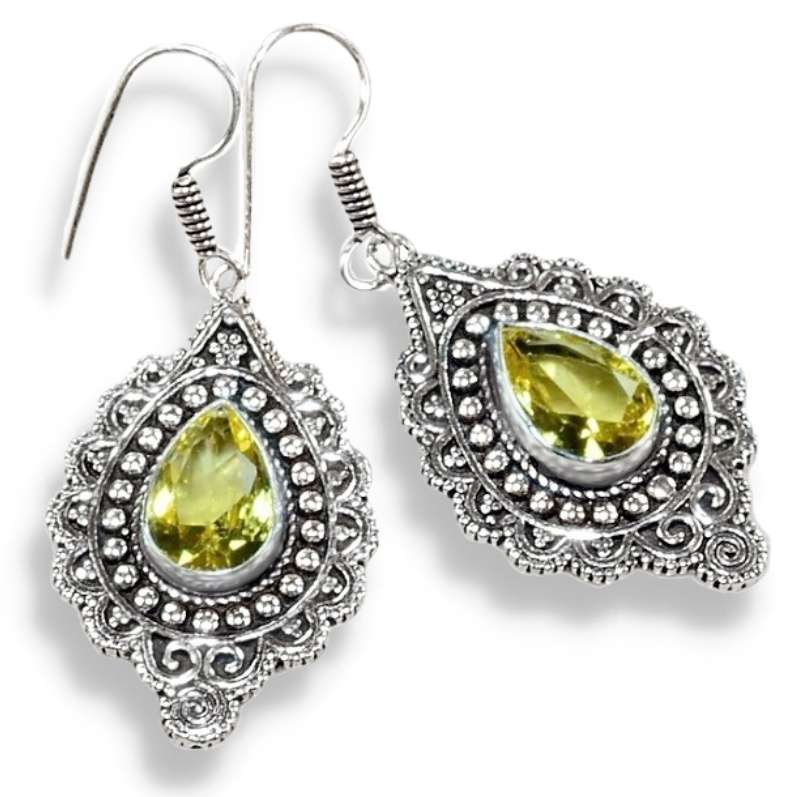 Antique Style Citrine Pear Gemstone set in .925 Sterling Silver Plated Handmade Earrings