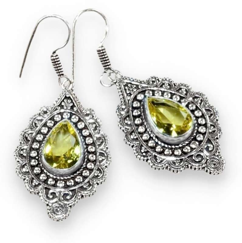Antique Style Citrine Pear Gemstone set in .925 Sterling Silver Plated Handmade Earrings
