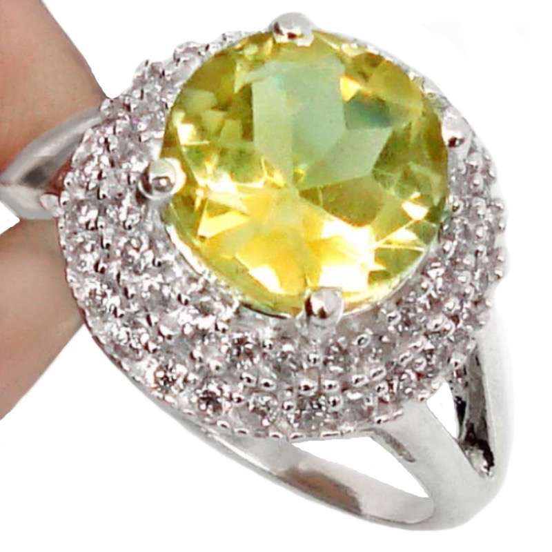 6.53 cts Natural Lemon Topaz and White Topaz set in Solid .925 Sterling Silver Ring Size US 8 / Q