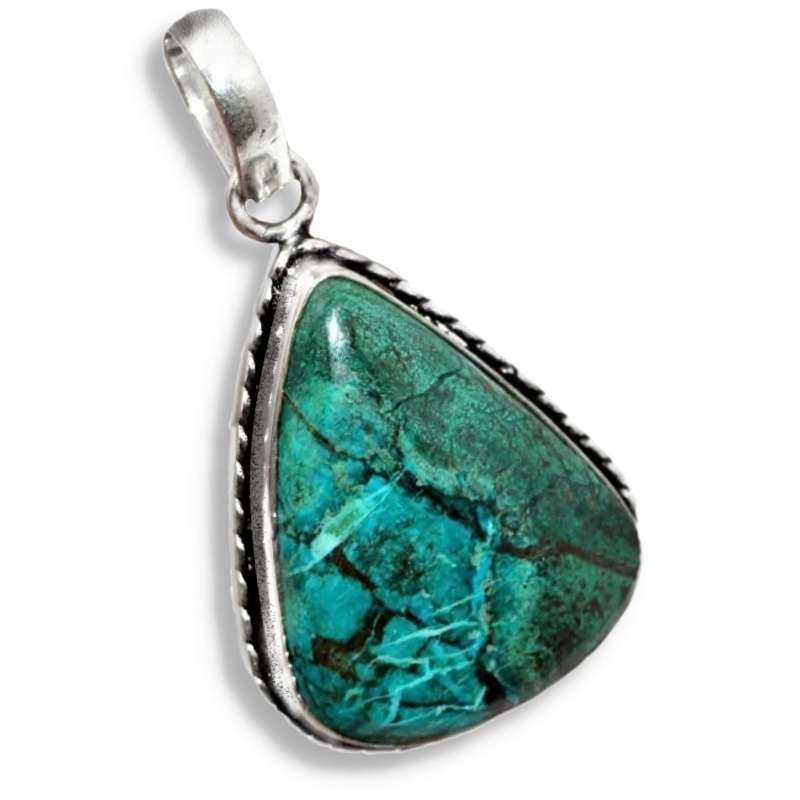 Natural Chrysocolla Malachite Pear Shape Gemstone set in.925 Sterling Silver Plated Handmade Pendant