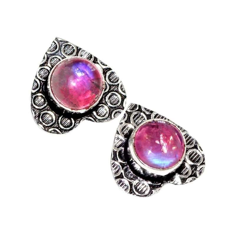 Antique Style Pink Rainbow Moonstone 925 Sterling Silver Plated Handmade Earrings
