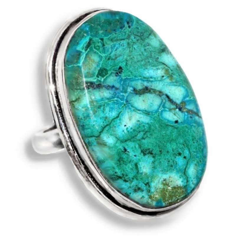 Natural Malachite in Chrysocolla Oval Gemstone set in .925 Sterling Silver Plated Ring US 9 or R1/2