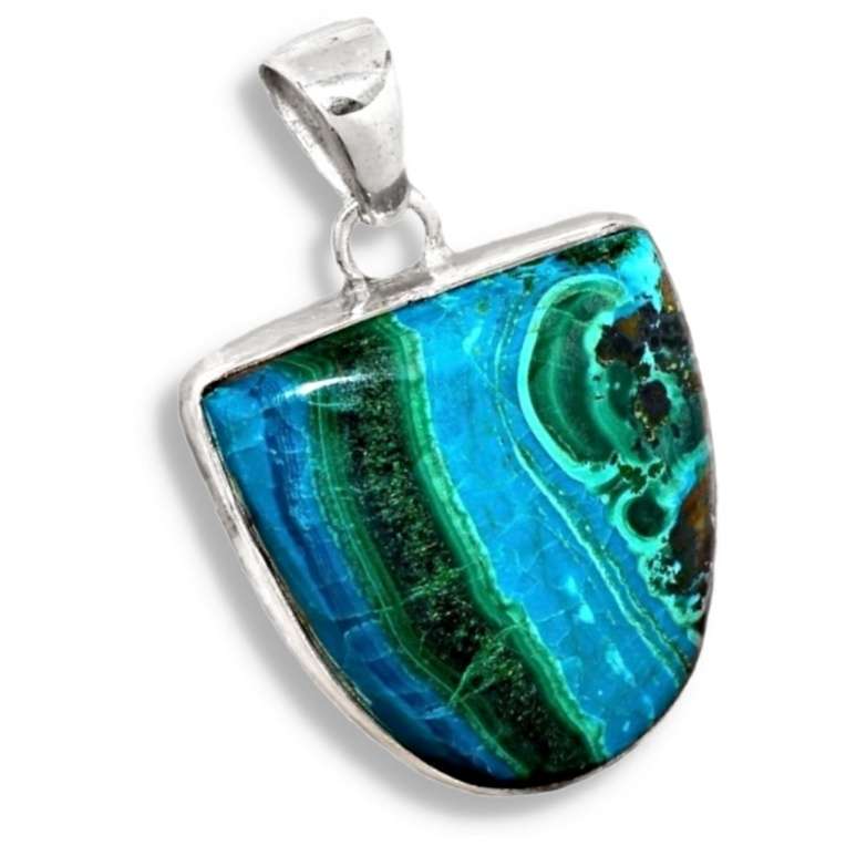 Natural Malachite in Chrysocolla Gemstone set in Solid. 925 Sterling Silver Handmade Pendant