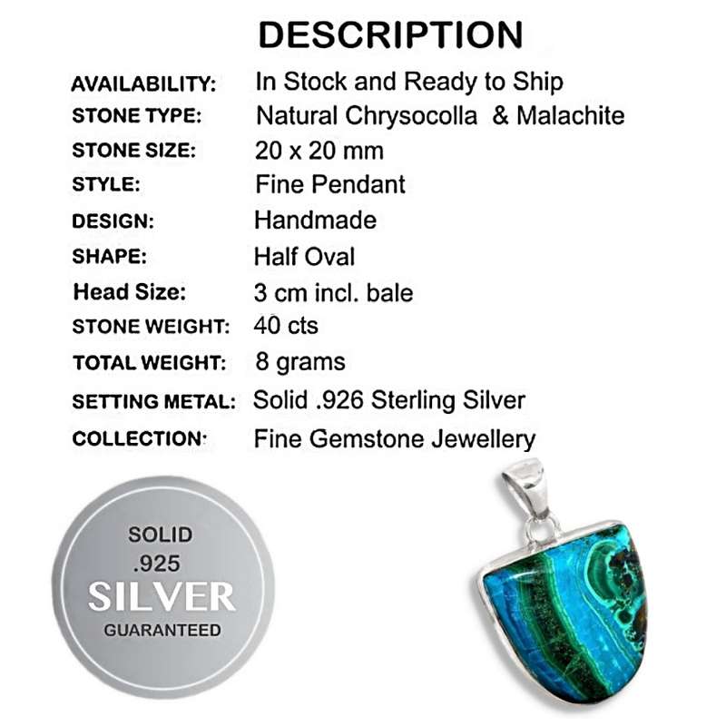 Natural Malachite in Chrysocolla Gemstone set in Solid. 925 Sterling Silver Handmade Pendant
