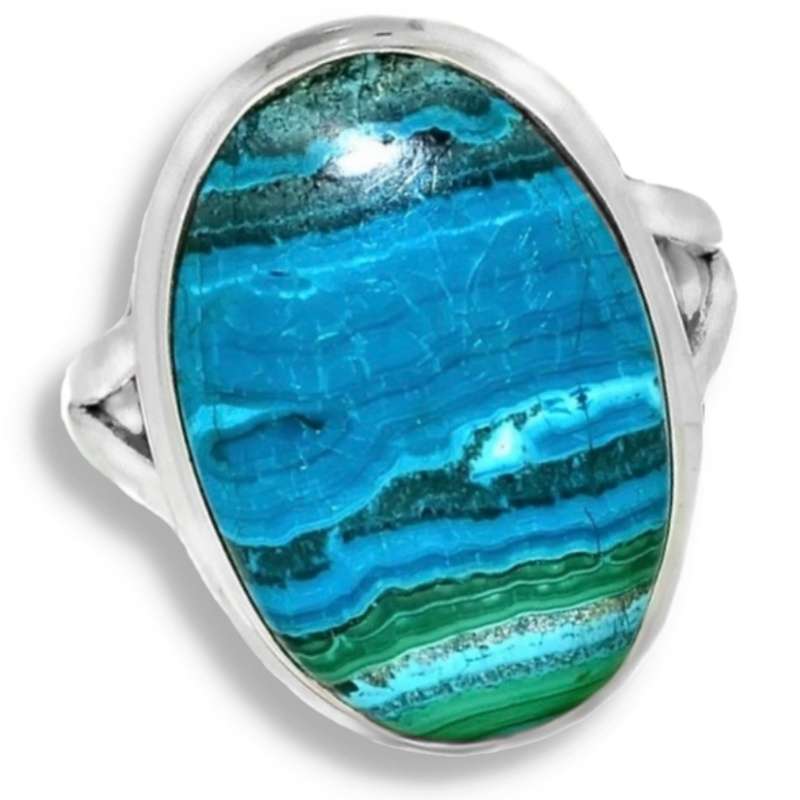 Natural Malachite in Chrysocolla Oval Gemstone set in  Solid. 925  S/Silver Ring Size US 8.5 or Q1/2
