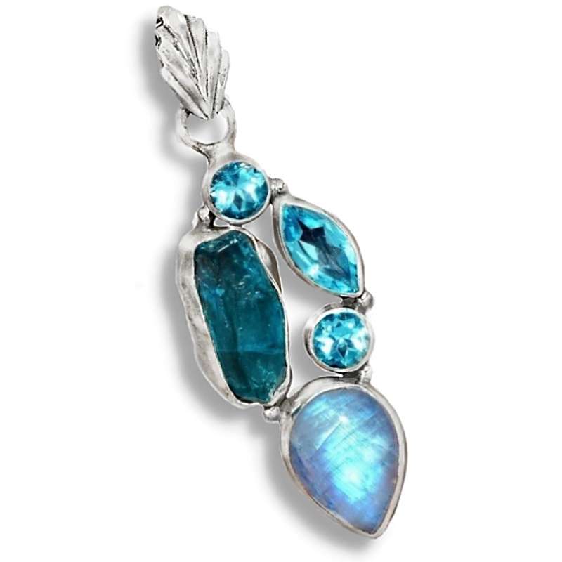 Natural Neon Blue Apatite Rough, Moonstone, Blue Topaz Solid .925 Sterling Silver Pendant