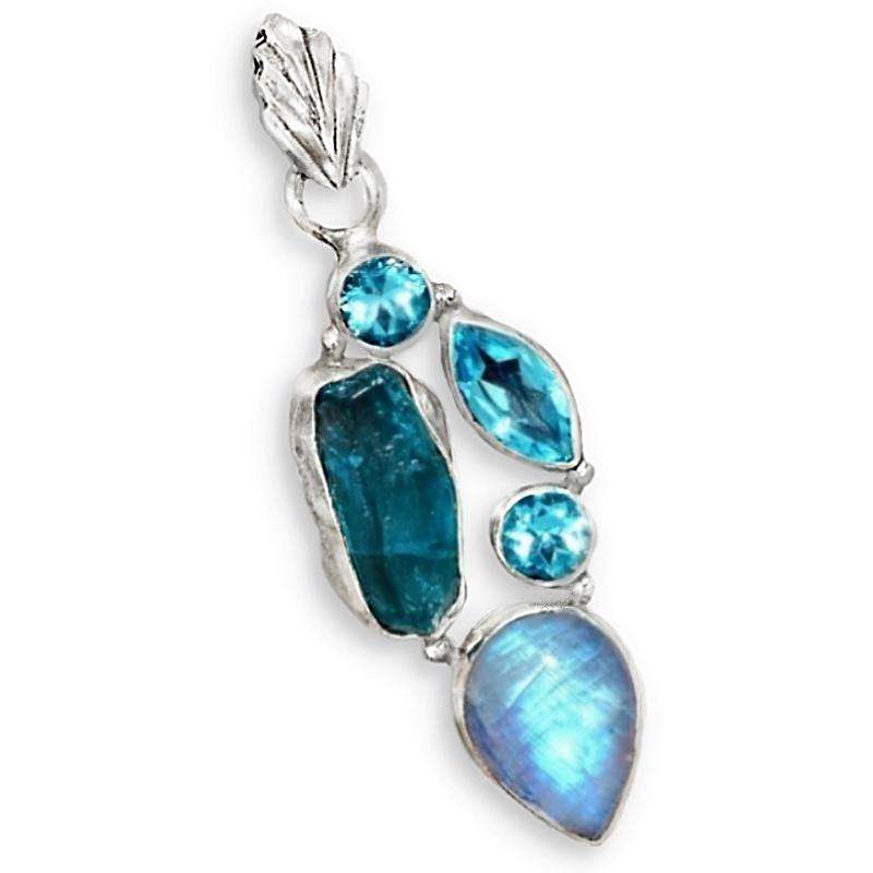 Natural Neon Blue Apatite Rough, Moonstone, Blue Topaz Solid .925 Sterling Silver Pendant
