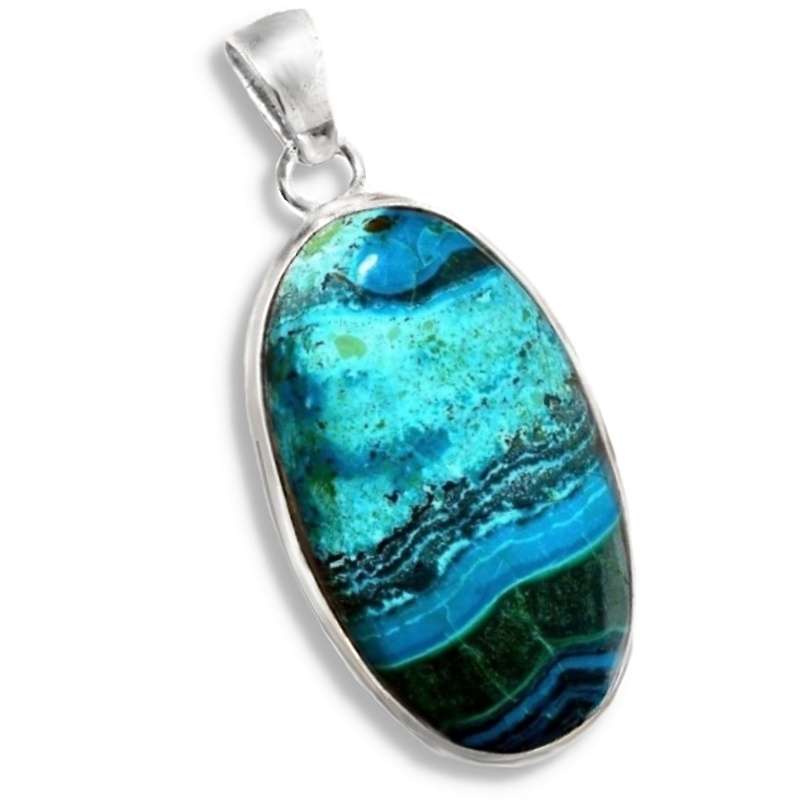 Natural Malachite in Chrysocolla Oval Gemstone set in Solid. 925 Sterling Silver Pendant