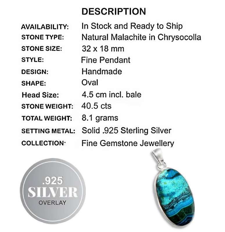 Natural Malachite in Chrysocolla Oval Gemstone set in Solid. 925 Sterling Silver Pendant