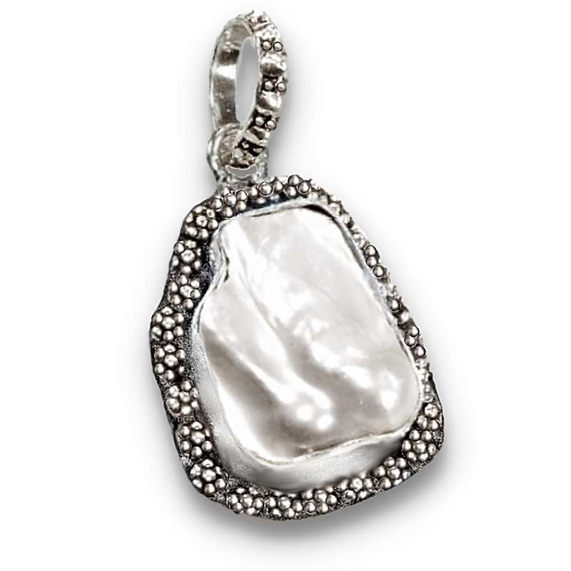 Antique Style Biwa Pearl set in . 925 Sterling Silver Plated Handmade Pendant