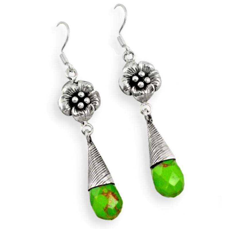 10.21 Cts Floral Copper Green Turquoise Gemstones set in Solid .925  Sterling Silver Earrings