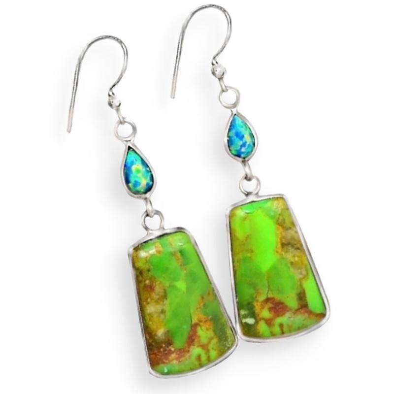 Natural Mohave Green Turquoise, Fire Opal Earrings set in Solid .925 Sterling Silver Earrings