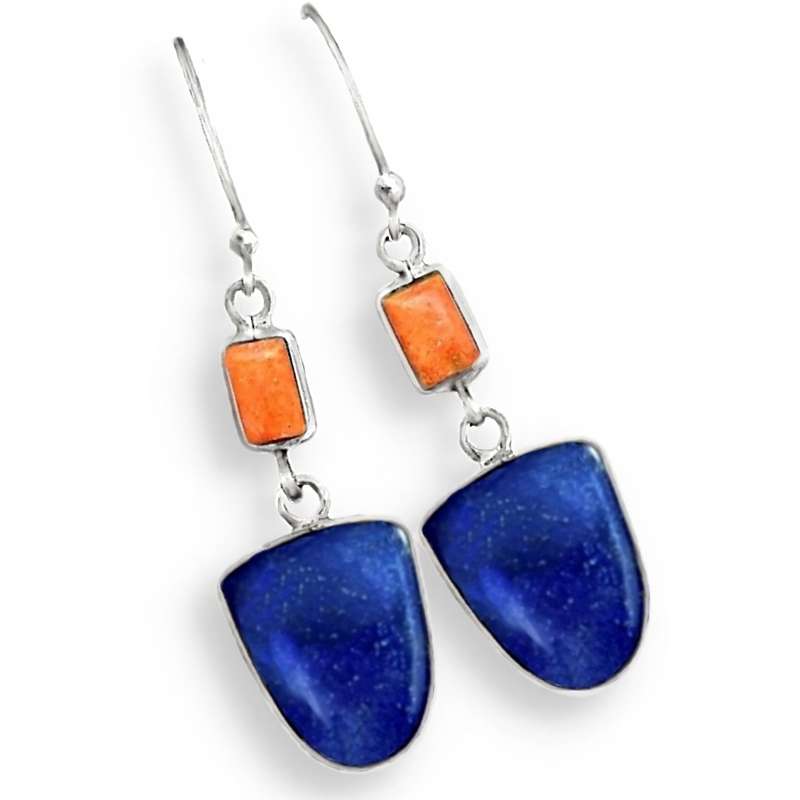 Natural Lapis Lazuli and Italian Coral Gemstone set in Solid .925 Sterling Silver Earrings