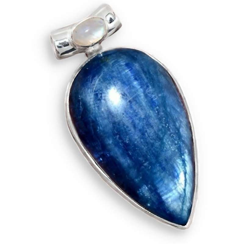 Natural Kyanite Pear & Rainbow Moonstone Gemstone set in. Solid 925 Sterling Silver Kyanite Pendant