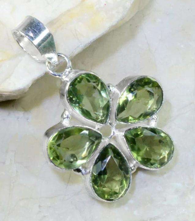 Green Amethyst Pears in a Floral Shape set in .925 Sterling Silver Plated Handmade Pendant