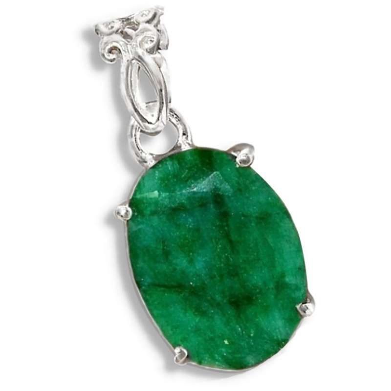 Natural Indian Emerald Oval Gemstone set in Solid .925 Sterling Silver Pendant