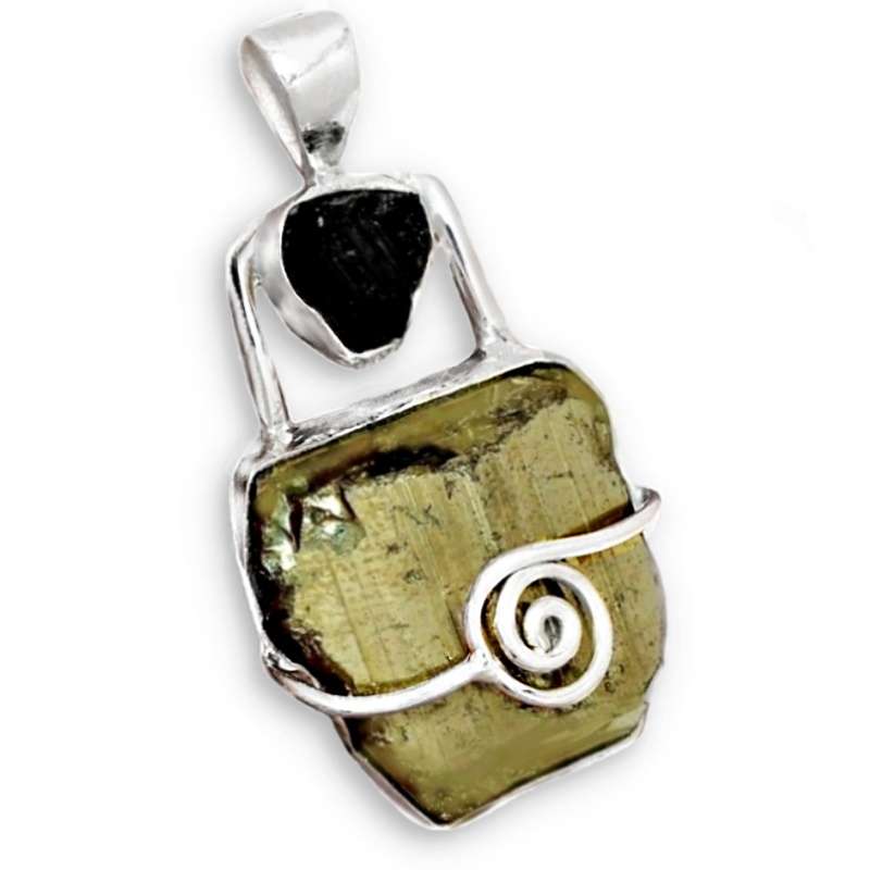 Natural Peruvian Pyrite Cluster, Black Tourmaline Rough Solid .925 Sterling Silver Pendant
