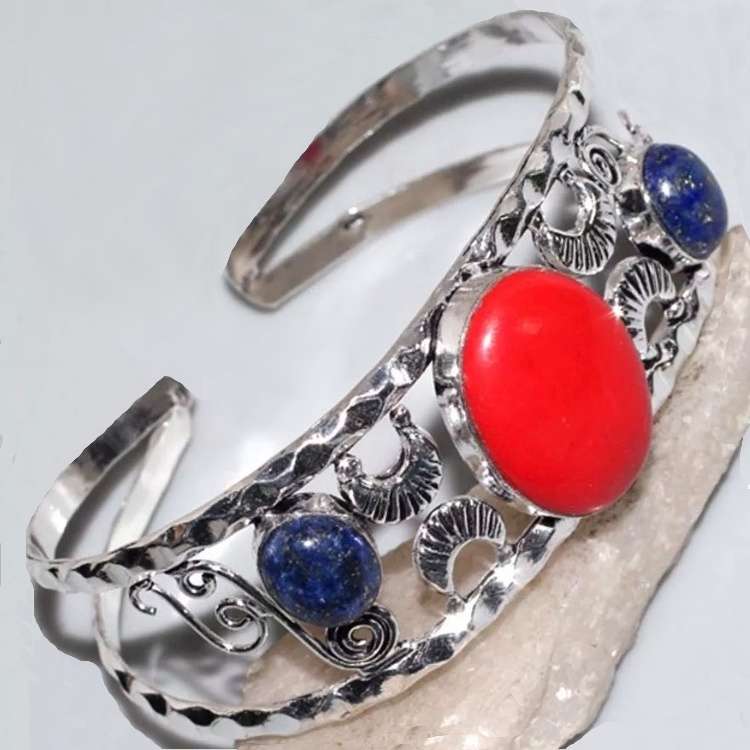 Natural Lapis Lazuli ,Red Coral set in 925 Sterling Silver Plated Handmade Bangle