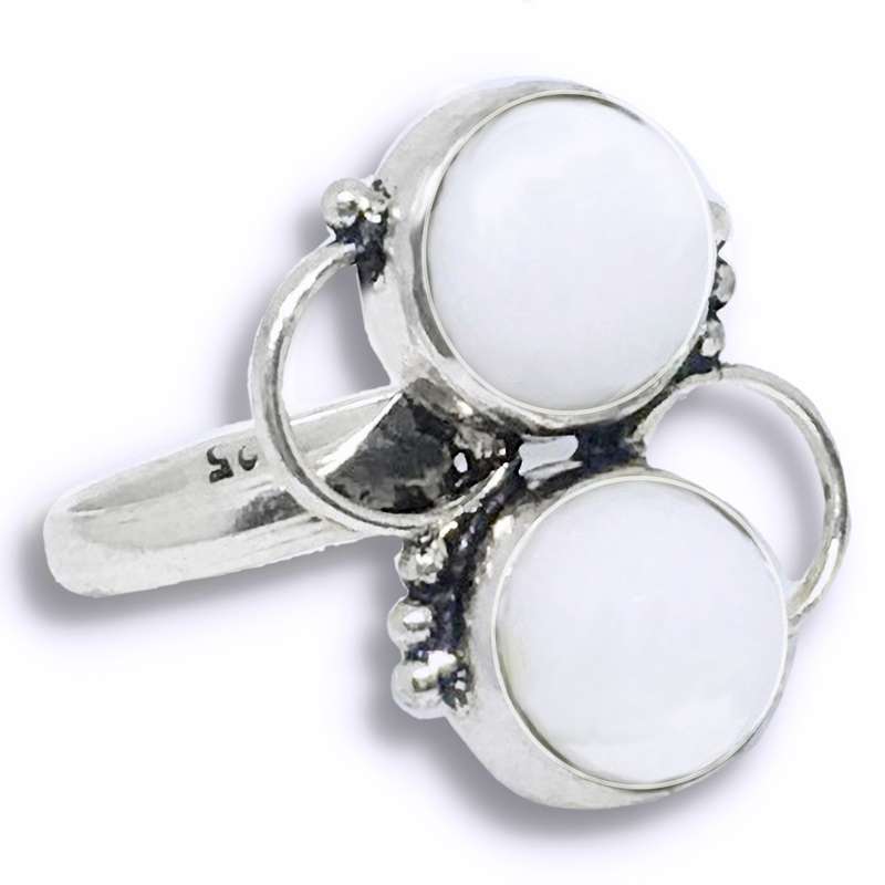 Handmade White Jade Round Gemstones set in. 925 Sterling Silver Plated Ring Size US 9 OR R1/2