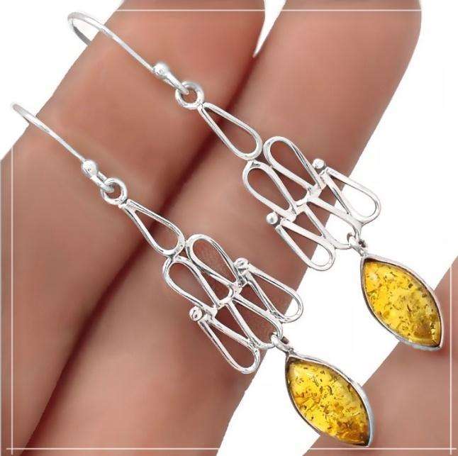Natural Marquise Baltic Amber set In Solid .925 Sterling Silver Drop Dangle Earrings