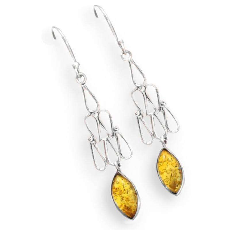 Natural Marquise Baltic Amber set In Solid .925 Sterling Silver Drop Dangle Earrings