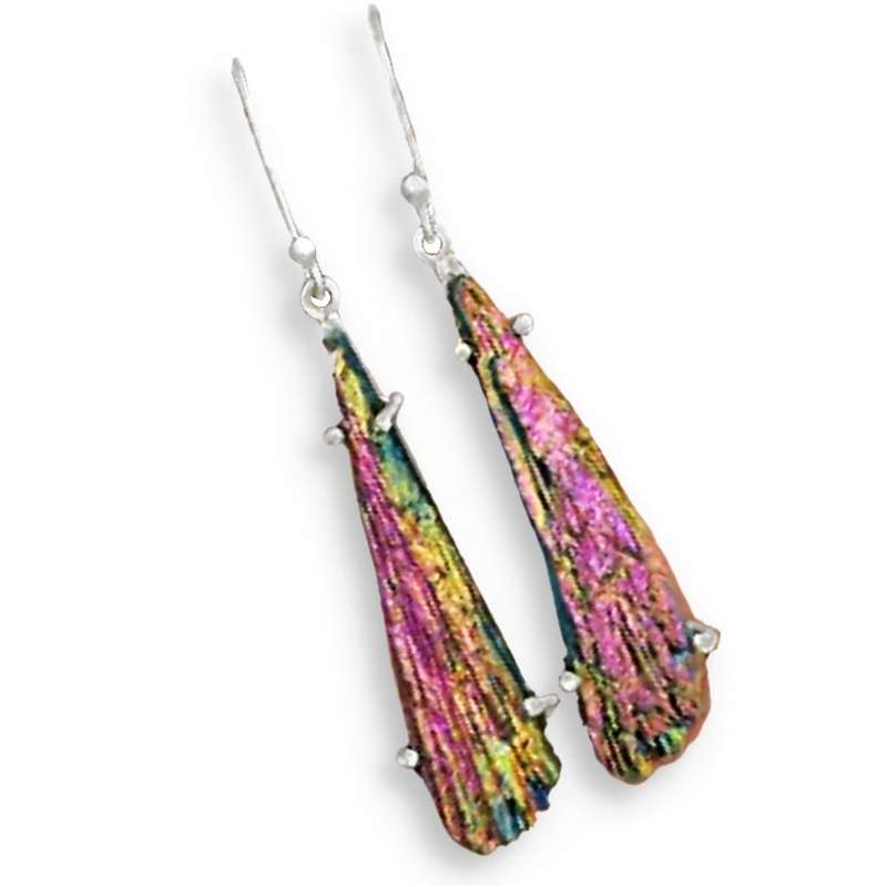 Natural Titanium Aura Kyanite Gemstone set in Solid .925 Sterling Silver Drop Dangle Earrings