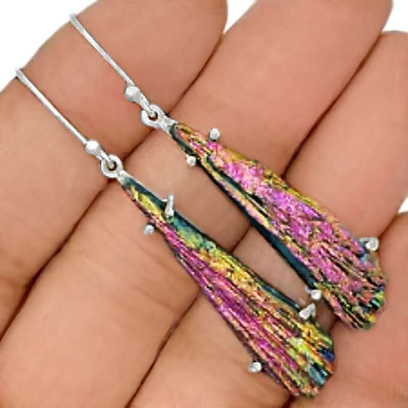 Natural Titanium Aura Kyanite Gemstone set in Solid .925 Sterling Silver Drop Dangle Earrings