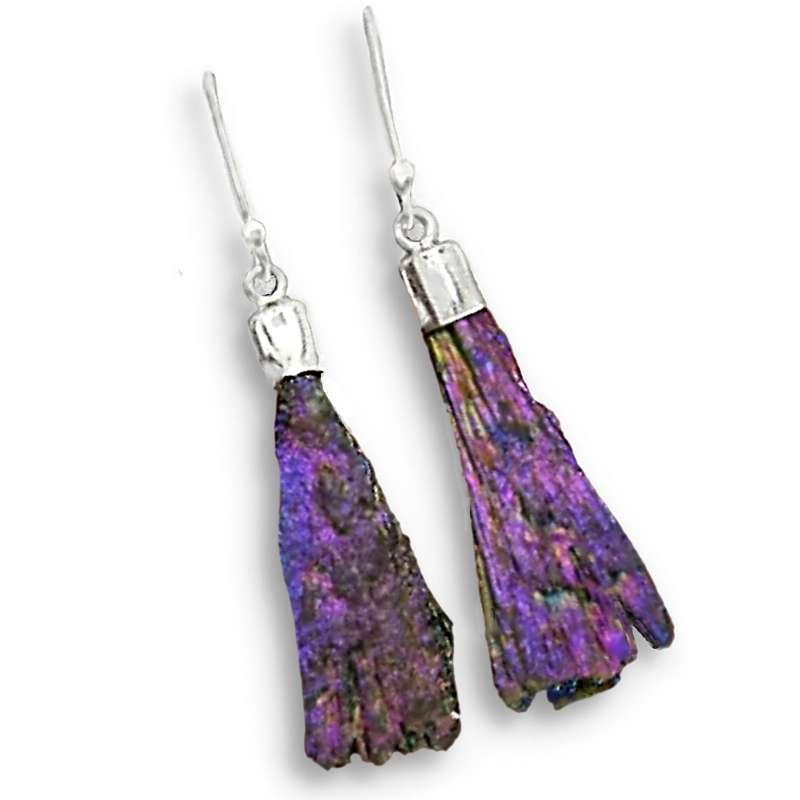 Natural Titanium Aura Kyanite Gemstone set in Solid .925 Sterling Silver Drop Dangle Earrings