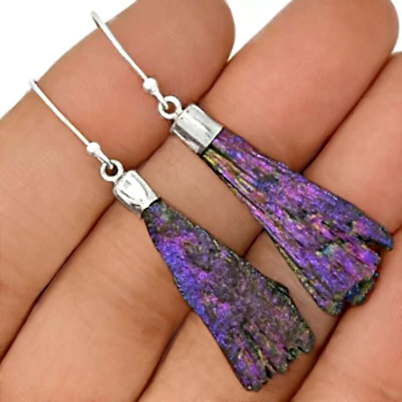 Natural Titanium Aura Kyanite Gemstone set in Solid .925 Sterling Silver Drop Dangle Earrings