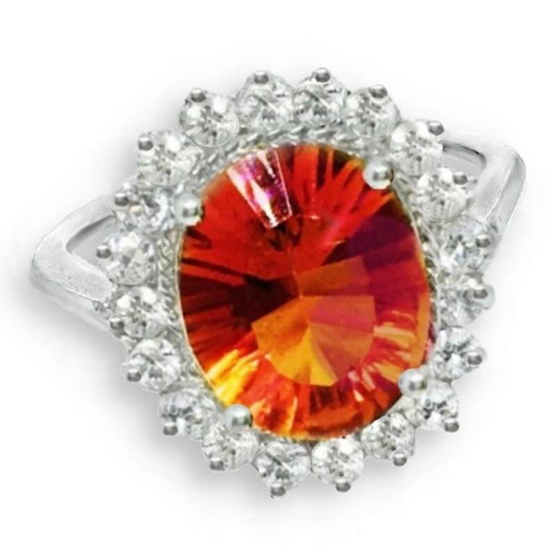 Premium Rare Orange/Pink Rainbow Topaz, White Topaz Solid .925 Sterling Silver Ring Size 7 or O