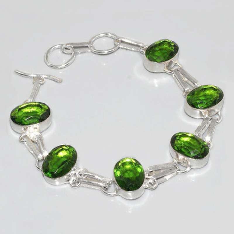 Peridot Ovals set in Double Link .925 Sterling Silver Plated Handmade Elegant Bracelet