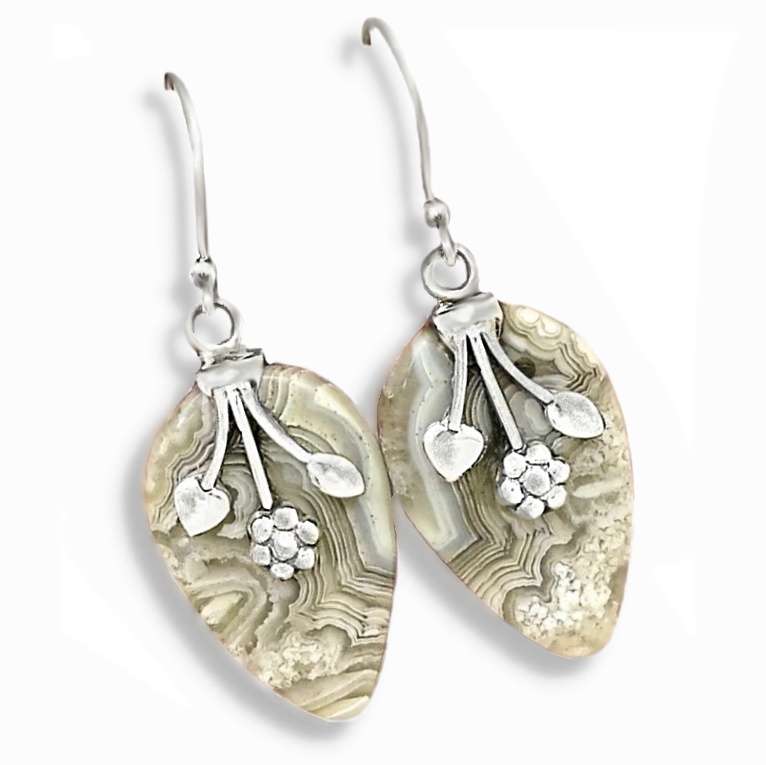 Gorgeous Earth Mined Natural Mexican Laguna Lace Gemstone Solid .925 Silver Earrings