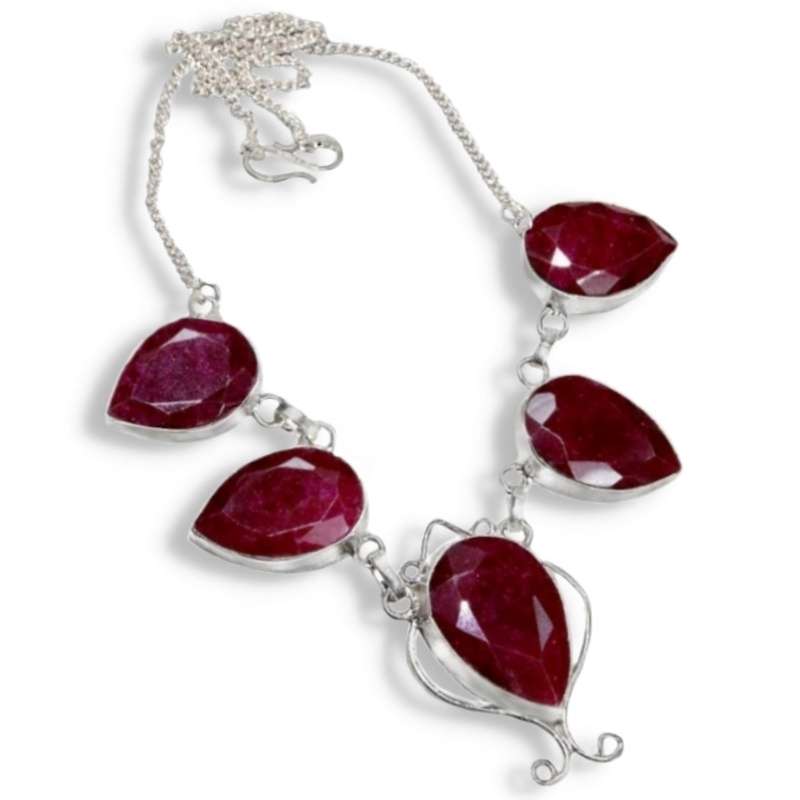 Indian Ruby Pear Shapes Set In .925 Sterling Silver Plated Handmade Necklace
