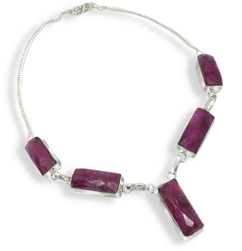 Cherry Ruby Mixed Size Rectangles set in .925 Sterling Silver Plated Handmade Necklace