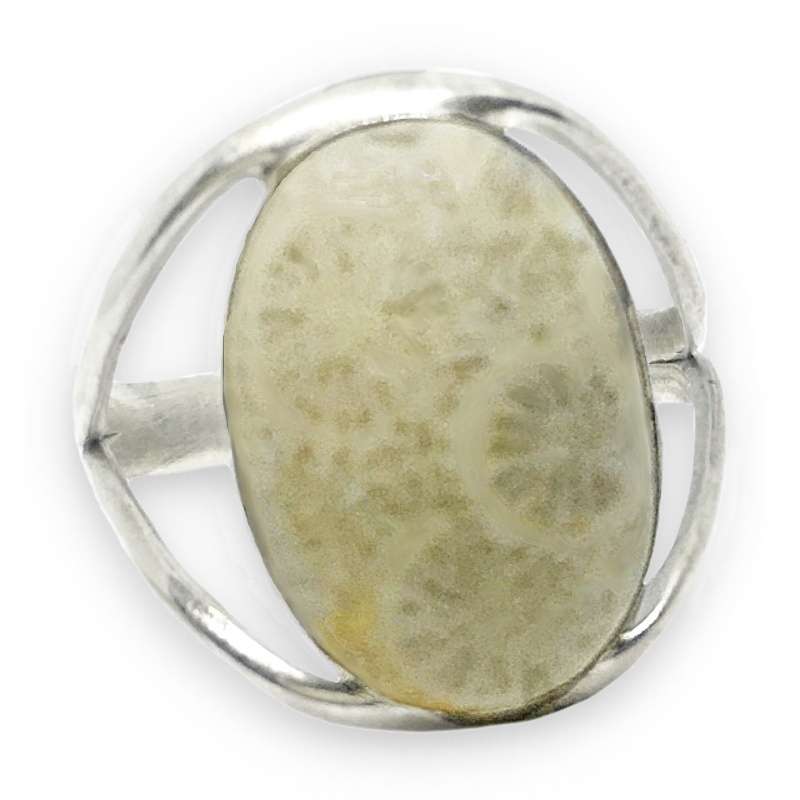 Natural Fossil Coral Oval Set in Solid 925 Sterling Silver Ring Size US 8 Or Q
