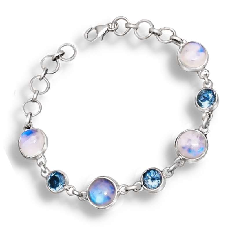 Natural Rainbow Moonstone and Blue Topaz Gemstones set in Solid .925 Sterling Silver Bracelet