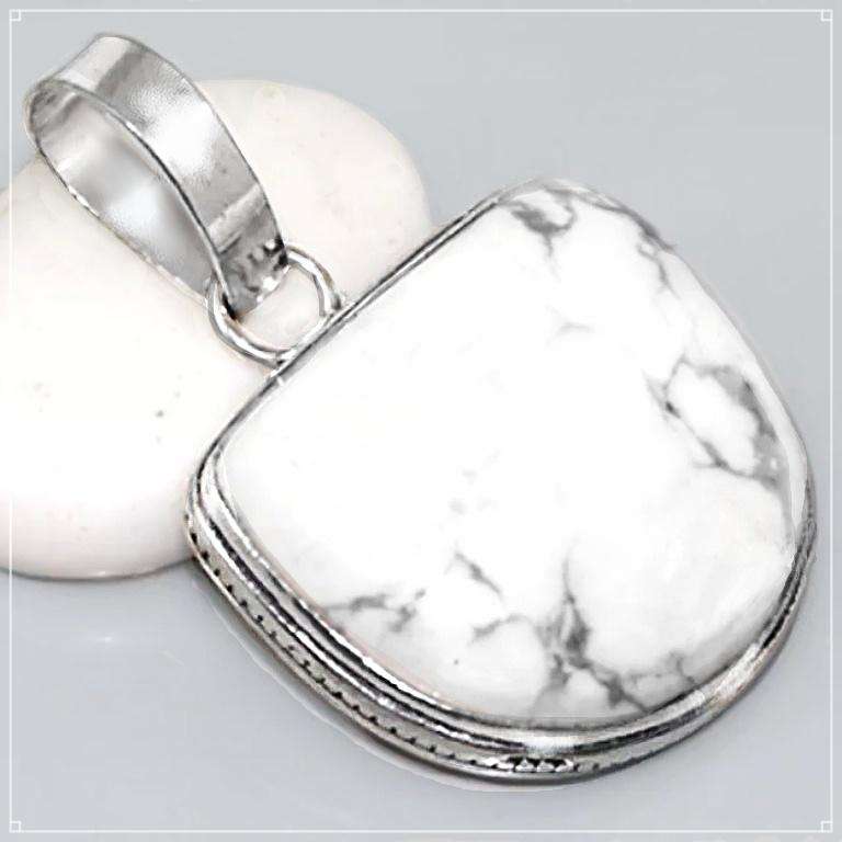 Natural Howlite Half Oval Gemstone set in .925 Sterling Silver Plated Handmade Pendant