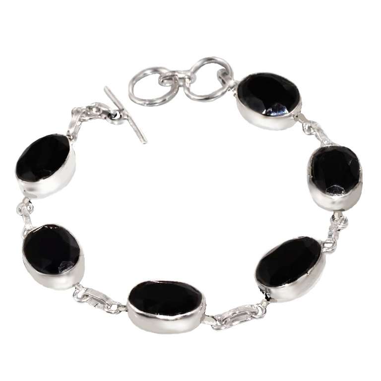 Natural Faceted Black Onyx Ovals set in .925 Sterling Silver Plated Handmade Bracelet